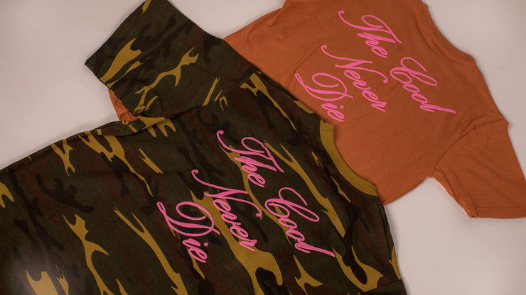 "The Cool Never Die" Badge Tee (Camo & Brown)